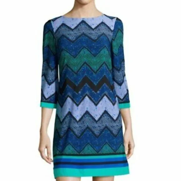 Eliza J | Dresses | Eliza J Green And Blue Dotted Chevron Shift Dress Full  Back Zipper Size 2 | Poshmark